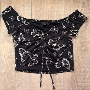 Y2K 90s Style Mesh Black Butterfly Print Short Sleeve Gathered Tie Crop Top SZ m